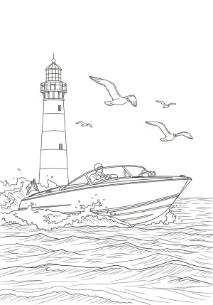 A classic speed boat cruising past a lighthouse with seagulls flying overhead and a detailed water scene emphasizing motion and excitement