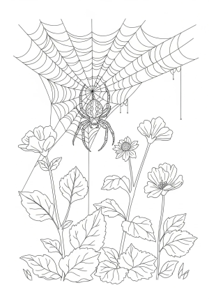 A detailed illustration of a spider hanging from a web in a garden setting, with intricate web patterns and surrounding plants.