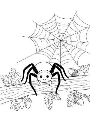 A friendly-looking spider sitting on a tree branch, surrounded by leaves and acorns, with a large web prominently displayed behind it.