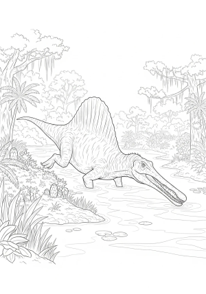 A fierce Spinosaurus swimming across a prehistoric swamp, with its elongated snout breaking the water's surface and dense foliage around