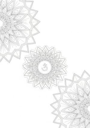 A serene mandala pattern with intricate geometric designs emanating from a central spiritual symbol, radiating calm and harmony