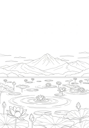A tranquil landscape featuring a peaceful lotus pond with blooming flowers, gentle ripples, and a distant mountain backdrop under a calm sky