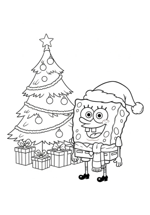 SpongeBob wearing a Santa hat and a festive scarf, surrounded by Christmas ornaments and gifts under a decorated pine tree.