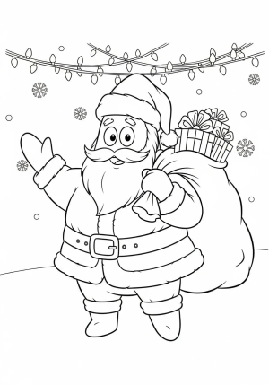Patrick dressed as Santa Claus holding a gift sack, with holiday lights and snowflakes in the background.