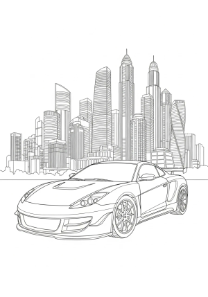 A detailed sports car parked in front of a modern city skyline, showcasing its stylish curves and aggressive stance