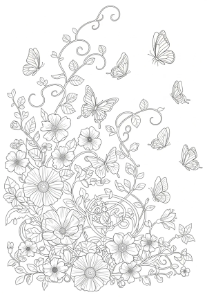 An intricate scene of blooming flowers, delicate vines, and elegant butterflies intertwined in a graceful garden setting