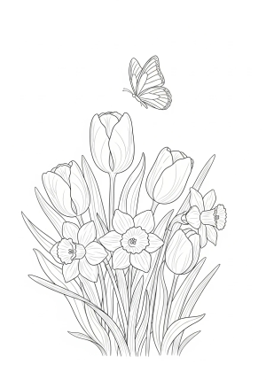 A cheerful scene of blooming tulips and daffodils in a garden with a butterfly fluttering above them