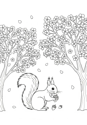 A whimsical landscape featuring a squirrel gathering acorns under blossoming cherry trees with petals falling around