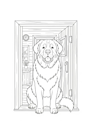 A friendly St. Bernard sitting in a cozy mountain cabin doorway with a big smile and fluffy fur