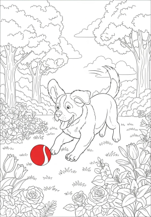 A playful St. Bernard puppy chasing a ball in a sunny garden surrounded by flowers and trees