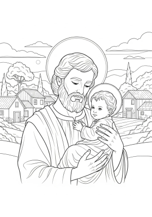 A detailed illustration of St. Joseph holding baby Jesus in his arms with a peaceful village background.