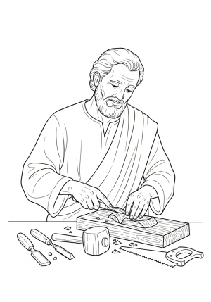 St. Joseph working as a carpenter, carving wood in his workshop with tools and a gentle expression.