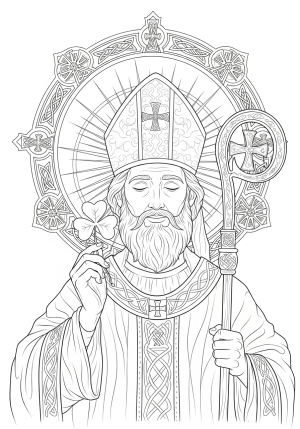 A detailed illustration of Saint Patrick with a shamrock in one hand and a gentle, blessing expression on his face, surrounded by Celtic crosses and intricate religious symbols