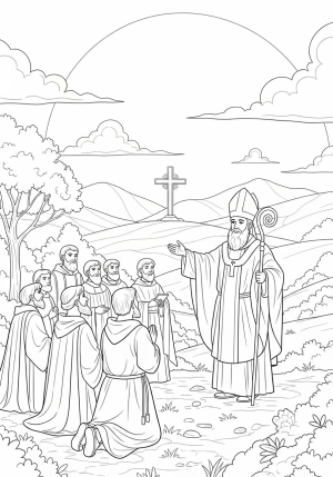 A serene scene of Saint Patrick preaching to a small group of followers outdoors, with a cross on a hill and a background of trees and clouds, emphasizing faith and devotion