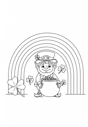 A cheerful leprechaun holding a pot of gold at the end of a rainbow with shamrocks surrounding him