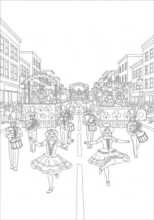 A detailed St. Patrick's Day parade scene featuring marching bands, dancers in festive costumes, and decorated floats