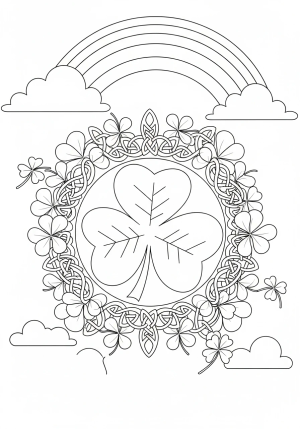 A festive shamrock surrounded by four-leaf clovers and Celtic knots with cheerful clouds and a rainbow in the background