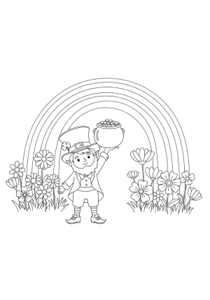 A leprechaun holding a pot of gold at the end of a rainbow, standing next to a cheerful rainbow and blooming spring flowers