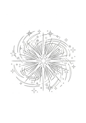 A detailed illustration of a single large star surrounded by smaller twinkling stars and cosmic swirls, radiating in a whimsical pattern