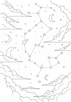 A fantastical scene featuring a constellation of stars connecting to form a dreamy night sky landscape with clouds and moons