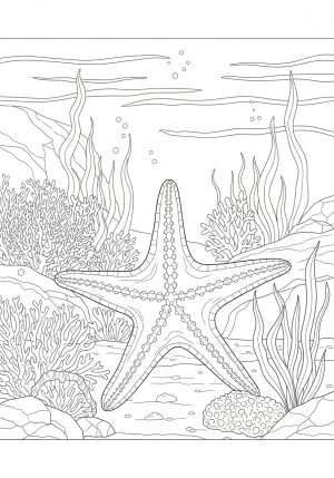 A whimsical scene of a large starfish with textured arms, adorned with coral and seaweed, amidst gentle waves and underwater rocks