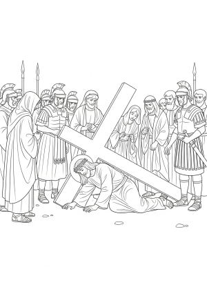 A detailed scene depicting Jesus falling for the second time beneath the weight of the cross, with onlookers and Roman soldiers nearby.