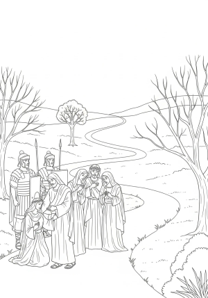 Jesus consoles the sorrowful women along the pathway, as soldiers watch and the path winds through a barren landscape.