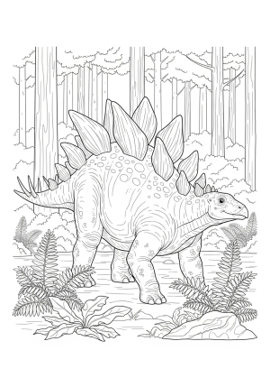 A detailed outline of a friendly stegosaurus walking through a prehistoric forest with lush trees and ferns.