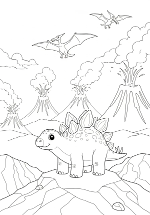 A cute stegosaurus standing on a rocky hill, with a background of volcanoes and flying pterodactyls in the sky.