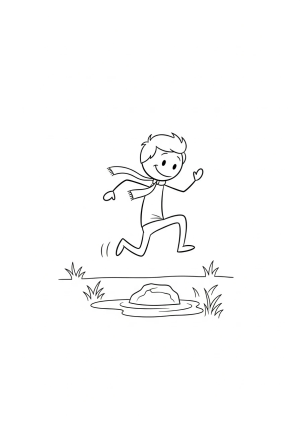 A playful stickman jumping over a small obstacle in a park scene.