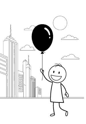 A stickman holding a balloon and waving happily near a sunny cityscape.