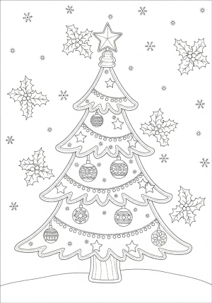 A detailed stitched Christmas tree decorated with ornaments, stars, and a tree topper, with delicate stitched patterns of snow and holly leaves filling the background