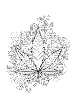 A whimsical cannabis leaf surrounded by swirling smoke and psychedelic patterns in a detailed, artistic style