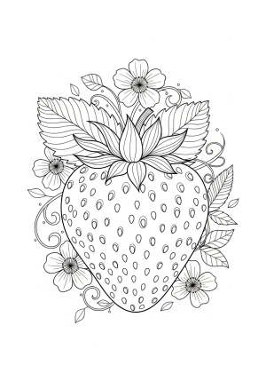 A detailed illustration of a plump strawberry with leaves and tiny seeds, surrounded by decorative elements like flowers and vines.