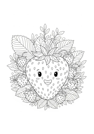 A whimsical scene featuring a large strawberry with a friendly face, sitting among smaller berries and leafy plants, with intricate patterns around it.
