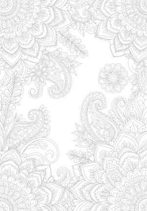 A tranquil scene featuring intricate mandala patterns surrounded by flowing floral designs and delicate paisley shapes