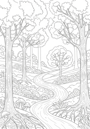 A calming woodland landscape with detailed trees, gentle curves of winding paths, and ornate forest elements