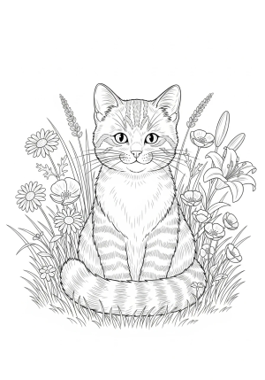 A cute striped cat sitting comfortably with its tail curled around its paws, surrounded by flowers and grass, in a detailed line art style