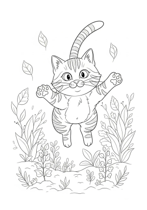 A playful striped cat mid-leap with wide eyes and extended paws, in a whimsical garden setting with leaves and small plants, illustrated in intricate line work