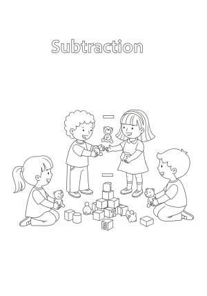 A whimsical depiction of a young child happily sharing toys with friends, with some toys being taken away or moved to a different spot, illustrating subtraction in a fun and engaging way.