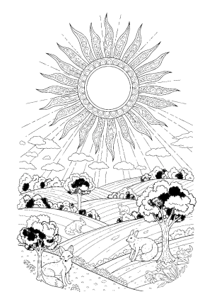 A radiant sun with intricate patterns in its rays, shining over a landscape of hills, trees, and small animals in a detailed black and white illustration.