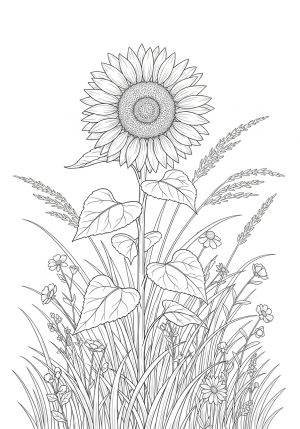 A detailed sunflower with large, intricate petals standing tall in a breezy field with tall grass and additional wildflowers around.