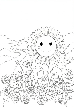 A whimsical sunflower with a smiling face surrounded by smaller flowers and a winding garden path in the background.