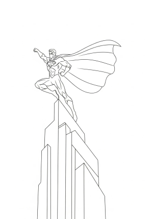 A sleek superhero silhouette striking a dynamic pose atop a tall building with a flowing cape billowing in the wind