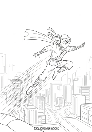 An adventurous ninja figure leaping through the air with a trail of motion lines against a bustling cityscape background