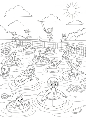 A lively swimming pool scene with children splashing and playing on inflatable floats and pool toys under a sunny sky