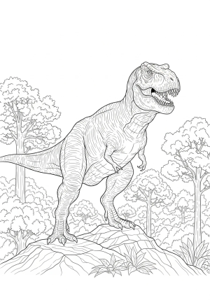 A T-Rex standing tall on a rocky hilltop with a detailed forest background, showcasing its powerful build and textured skin.