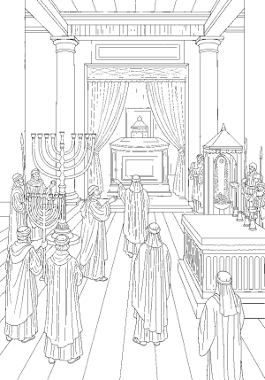 A scene depicting the interior of the Tabernacle with the Ark of the Covenant, golden menorah, and altar surrounded by priests in ceremonial robes