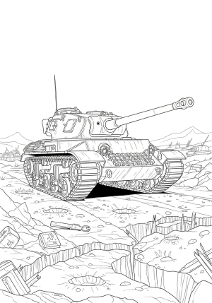 A detailed illustration of a classic military tank with its turret aimed forward, set in a battlefield environment with rugged terrain and scattered debris