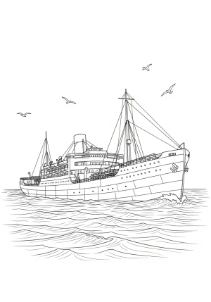 An intricate drawing of a vintage oil tanker ship sailing through calm waters with waves and seagulls in the background.